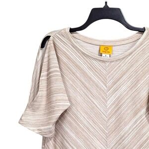 Ruby Rd Top Womens S Beige Round Neck Cold Shoulder Slit Sleeve Chevron Stripe